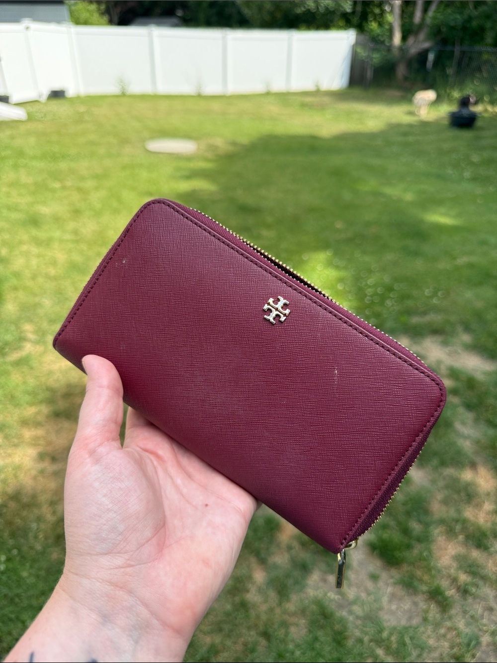 Tory Burch Maroon Zip-Around Leather Wallet with Gold Logo